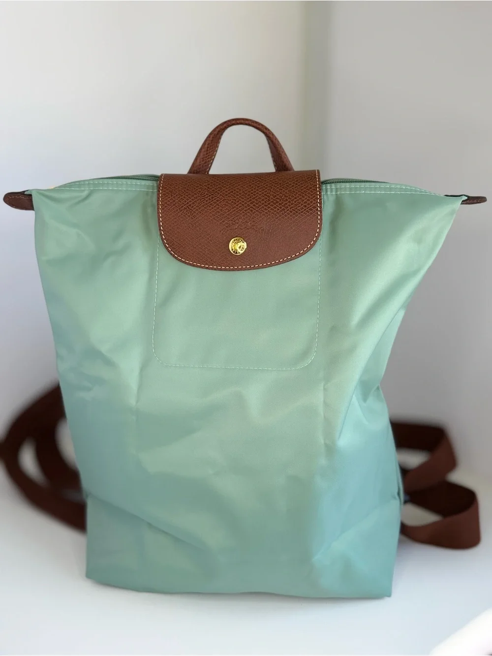 Longchamp Pliage Light Green Nylon Backpack with Brown Trim - Picture 1 of 6